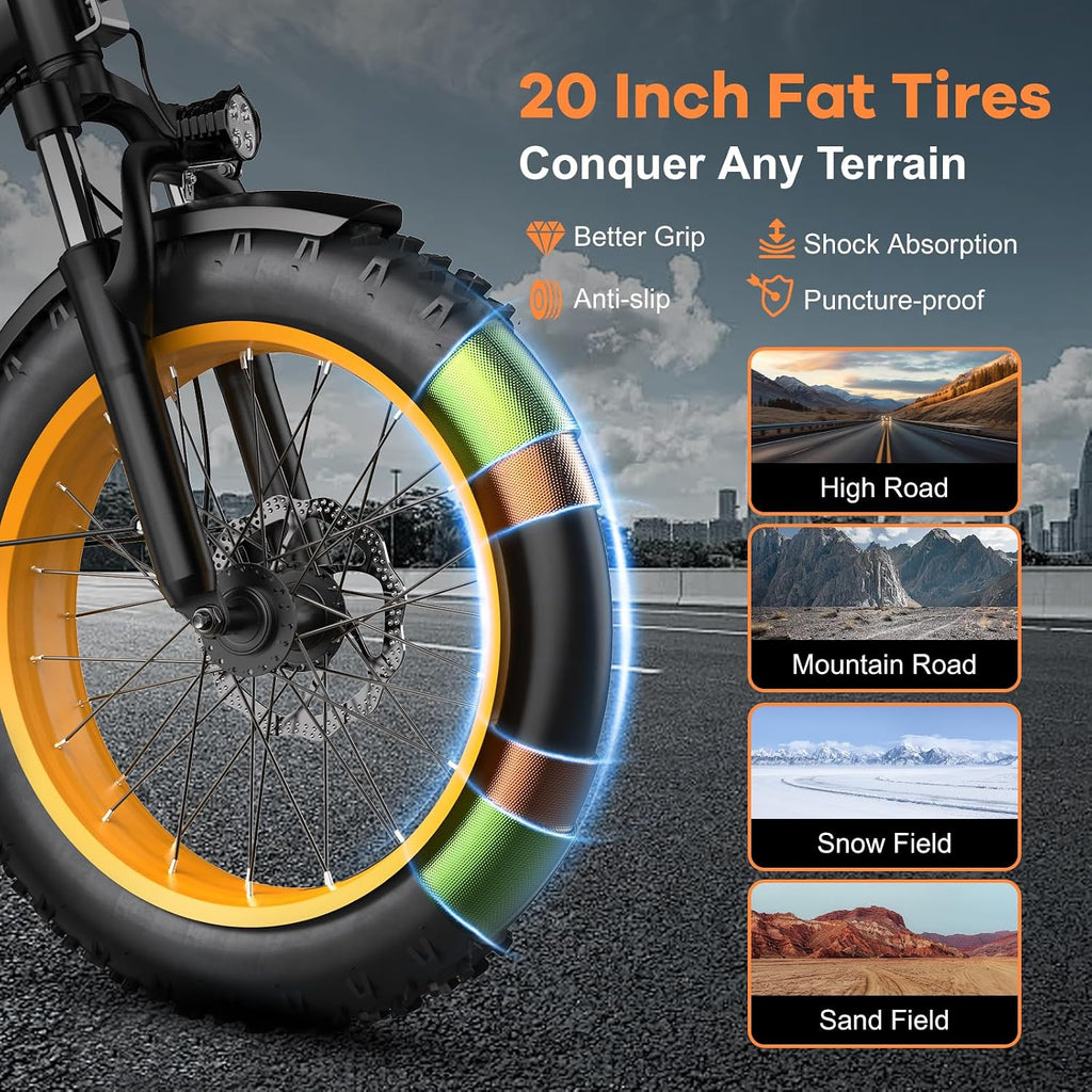 EUYBIKE Folding Electric Bike for Adults with Peak 1000W Motor, 48V 20AH Battery up to 80 Miles, 20' Fat Tire All Terrain Ebike, Front Suspension 7-Speed Commuter E Bike, Step-Thru, UL Certified