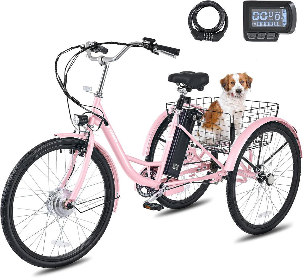 VIRIBUS Electric Tricycle for Adults, 24 26 inch Electric Trike with 468Wh Removable Battery, 250W/350W(Peak 500W) 3 Wheel Electric Bikes for Seniors, Motorized Adult Tricycles Women Men 330 lb.