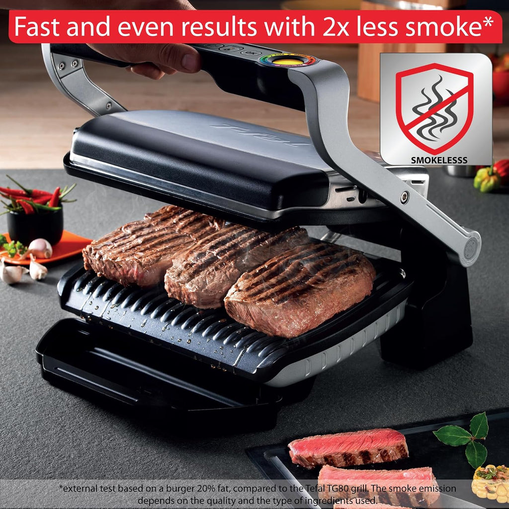 T-Fal OptiGrill Stainless Steel Electric Grill, 4 Servings, 6 Automatic Cooking Modes, Intelligent Grilling, Rare to Well-Done, Panini Press, Nonstick Removable Plates, Indoor, Silver