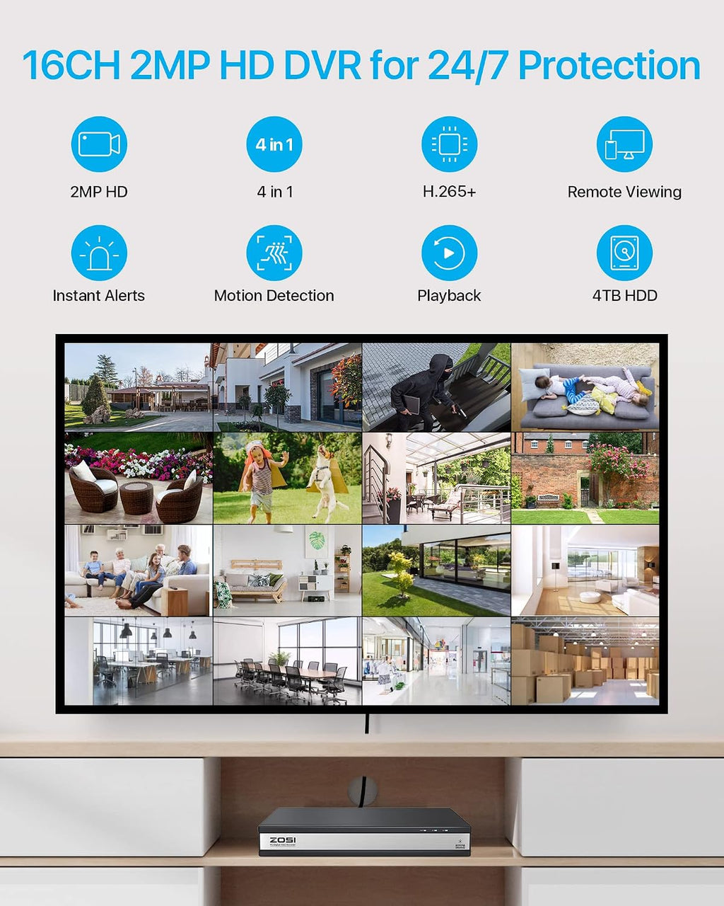 ZOSI H.265+ 1080p 16 Channel Home Security Camera System with AI Human Vehicle Detect,16CH DVR Recorder and 12 x 1080p CCTV Bullet Camera Outdoor Indoor, 120ft Night Vision, 105°Wide Angle (No HDD)