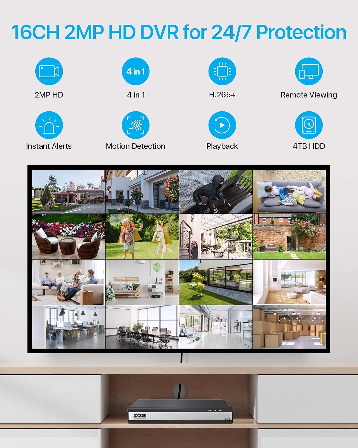 ZOSI H.265+ 1080p 16 Channel Home Security Camera System with AI Human Vehicle Detect,16CH DVR Recorder and 12 x 1080p CCTV Bullet Camera Outdoor Indoor, 120ft Night Vision, 105°Wide Angle (No HDD)