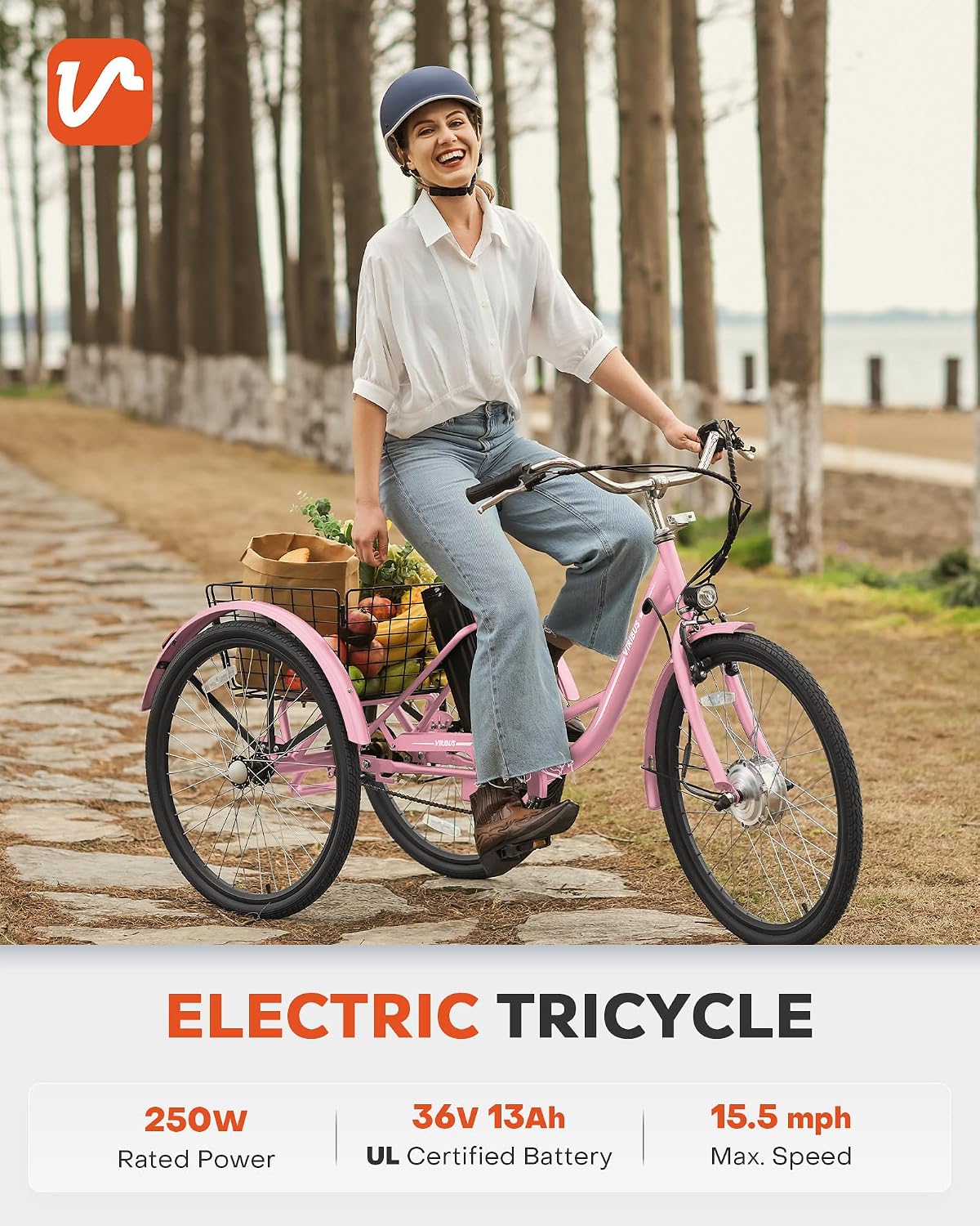VIRIBUS Electric Tricycle for Adults, 24 26 inch Electric Trike with 468Wh Removable Battery, 250W/350W(Peak 500W) 3 Wheel Electric Bikes for Seniors, Motorized Adult Tricycles Women Men 330 lb.
