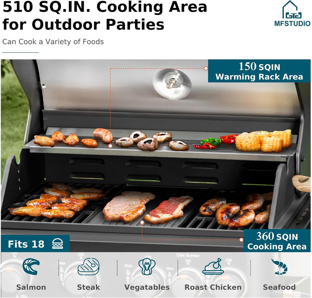 MFSTUDIO 4 Burners Propane Gas Grill and Griddle Combo with Side Burner, 2 in 1 Griddle Grill and Porcelain-Enameled Cast Iron Grates, 46,700 BTU Outdoor Cooking Barbecue Grill, Black