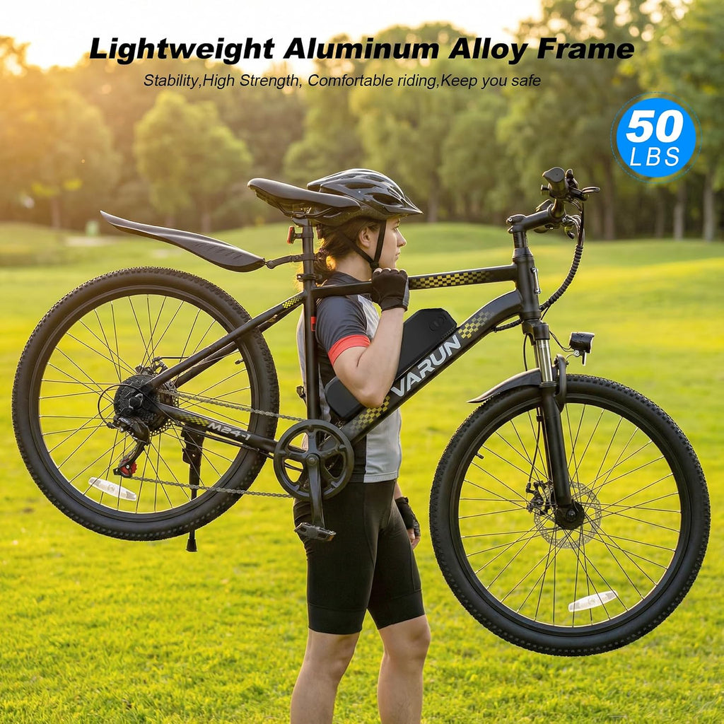 VARUN Electric Bike - 500W Peak Motor, 24/26' All-Terrain E-Bike, Up to 40 Miles & 20 MPH, Removable Battery, 7-Speed, Front Suspension, Dual Disc Brakes, with Free Accessory Pack