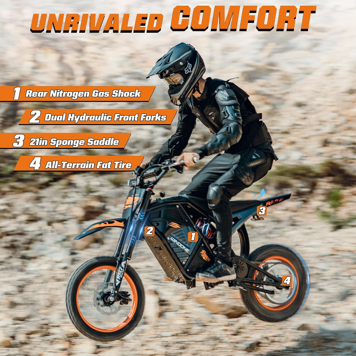 Windone RM7 Electric Dirt Bike, 48V 22.5Ah Up to 37MPH & 45-Mile Electric Motorcycle, 2200W Ebike, 14'/12' Off-Road Tire E-Bike, Dual Hydraulic Brakes, Full Suspension, Black & Orange