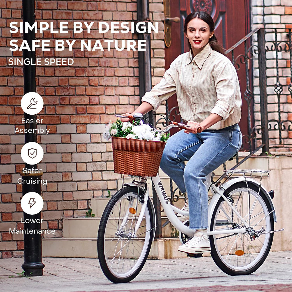 VIRIBUS Beach Cruiser Bike for Women, Single Speed Womens Bike with Basket & Rack 24 26 inch, Retro Step Through Cruiser Bicycle for Petite Short Women Female Ladies City Commuter, 330 lb.