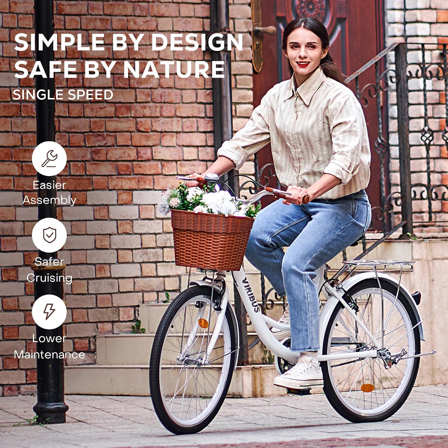 VIRIBUS Beach Cruiser Bike for Women, Single Speed Womens Bike with Basket & Rack 24 26 inch, Retro Step Through Cruiser Bicycle for Petite Short Women Female Ladies City Commuter, 330 lb.