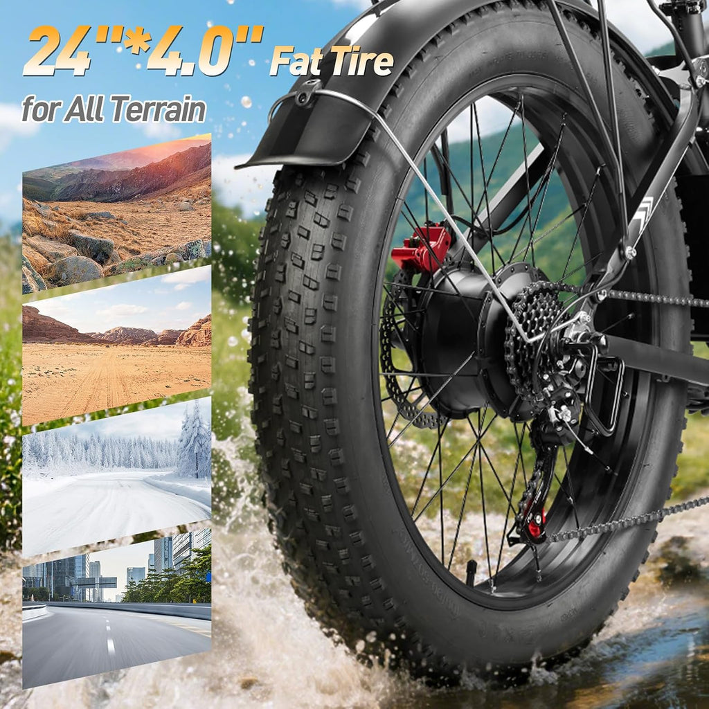Dual Motor Ebike for Adults, Peak 9000W 52V 34AH Battery, 46MPH Fast Electric Bike for Adults, Up to 105Miles, Hydraulic Disc Brake, Full Suspension, 24' Electric Bicycle for Snow All Terrain