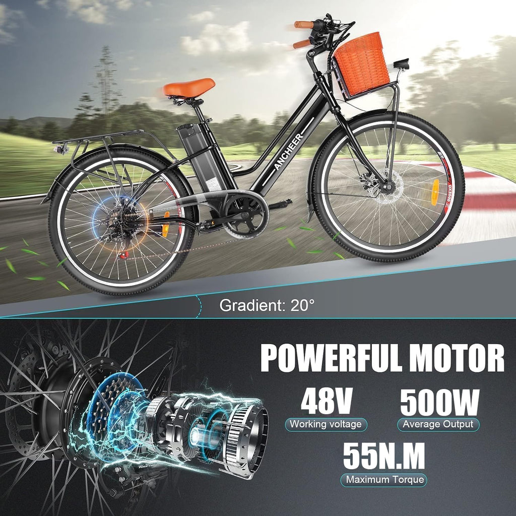 ANCHEER Electric Bike for Adults, 26' Peak 749W Motor Low Frame Electric City Bike with 48V/374Wh Battery, Up to 50Miles Step Through Commuter Ebike/Electric Bicycle with Basket, LCD Display