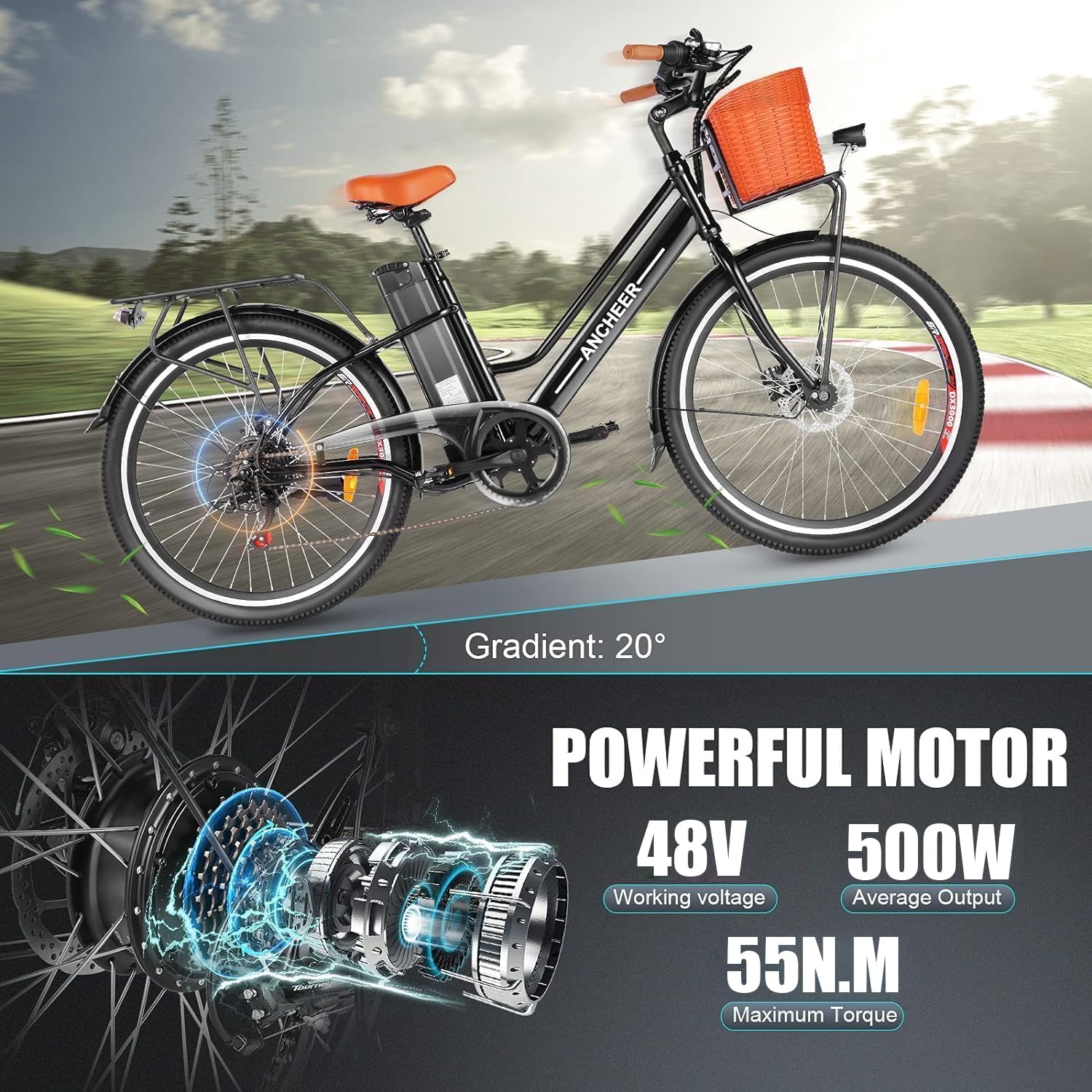 ANCHEER Electric Bike for Adults, 26' Peak 749W Motor Low Frame Electric City Bike with 48V/374Wh Battery, Up to 50Miles Step Through Commuter Ebike/Electric Bicycle with Basket, LCD Display
