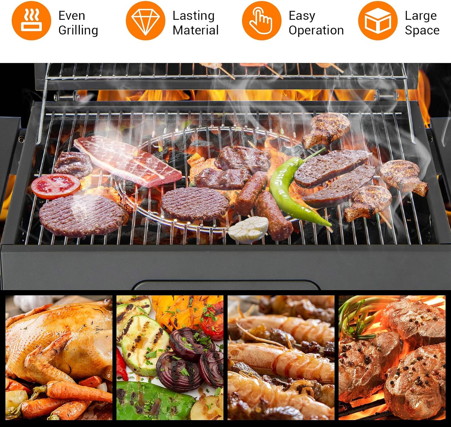 HAPPYGRILL Charcoal Grill, Heavy Duty Cooking Grill with 2 Foldable Side Tables, 8 Hooks, Storage Shelf, 2 Wheels, Flame Control, Outdoor BBQ Grill for Picnic Party Camping Backyard Patio