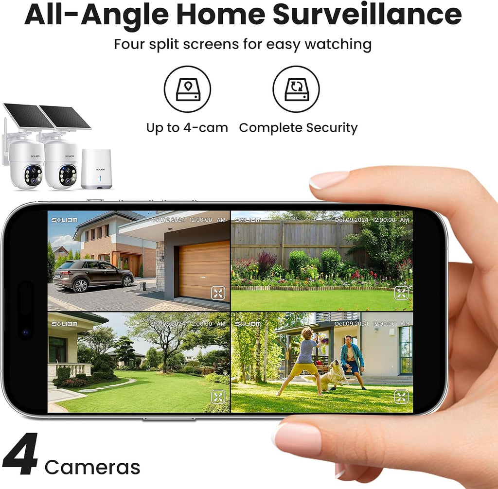 SOLIOM- 5MP Security Cameras Wireless Outdoor, No Subscription & Solar Powered,2-Cam Pack Home Security Camera with 360° Auto Human Motion Tracking, 3K Color Night Vision,5G & 2.4G Router Compatible