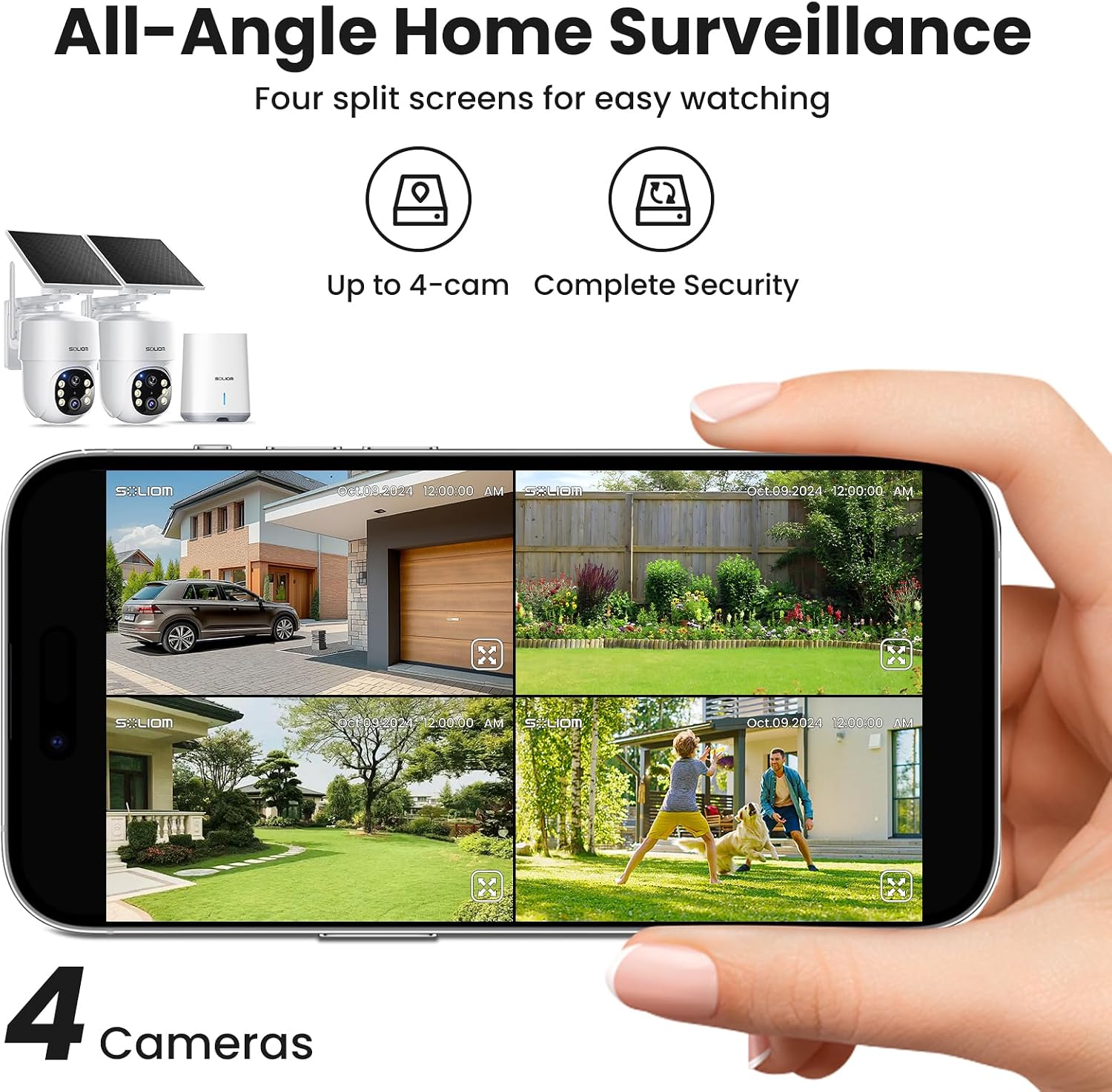 SOLIOM- 5MP Security Cameras Wireless Outdoor, No Subscription & Solar Powered,2-Cam Pack Home Security Camera with 360° Auto Human Motion Tracking, 3K Color Night Vision,5G & 2.4G Router Compatible