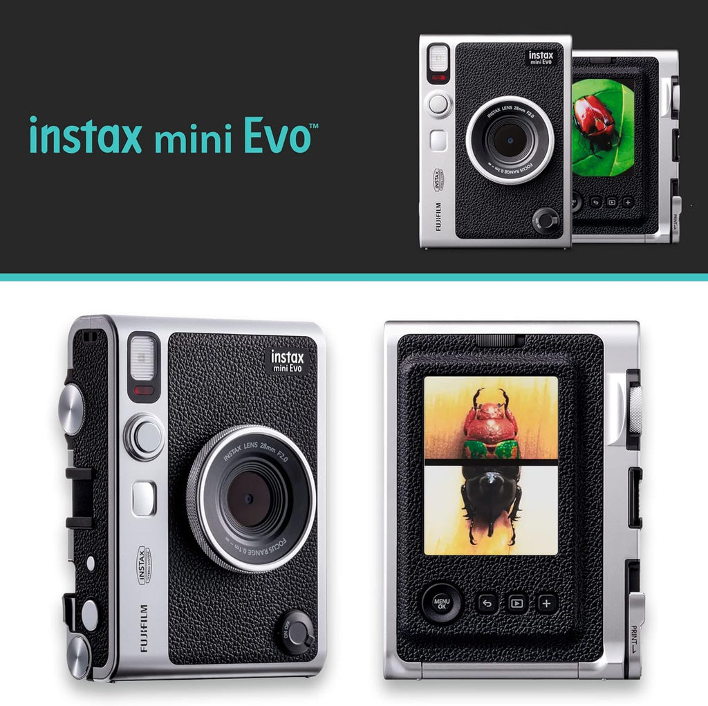 Fujifilm Instax Mini EVO Hybrid Black Instant Camera | Instax Mini Twin Pack Instant Film | 32GB microSD Card with Adapter | Black Camera Case