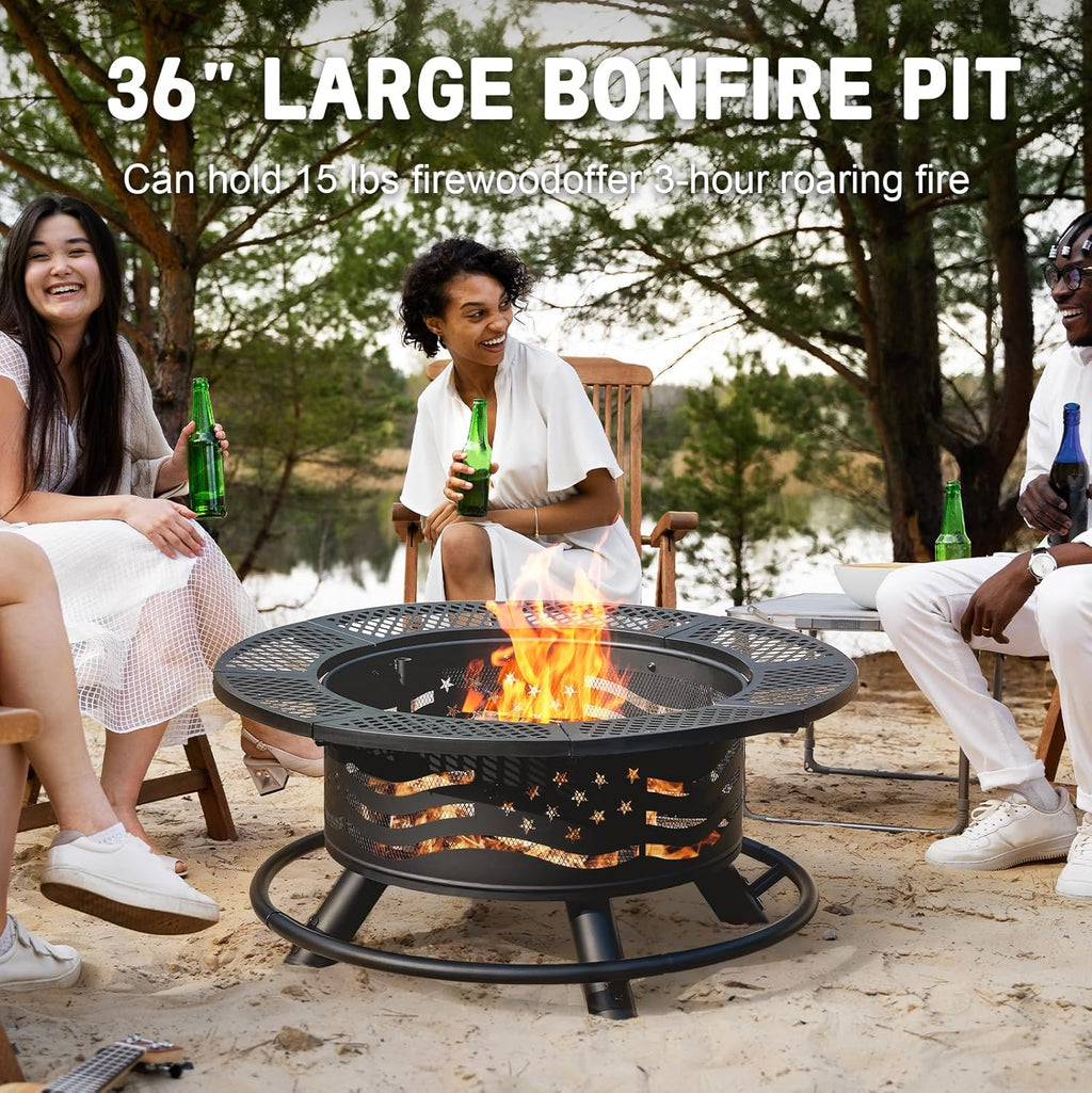 Panovue 36 Inch Fire Pit with 2 Cooking Grates, Outdoor Wood Burning BBQ Grill Firepit Bowl with Cover Lid, Steel Round Table for Backyard Bonfire Patio Picnic (Black, 36IN)