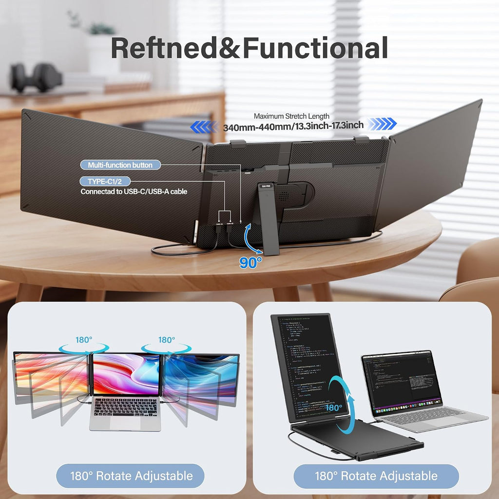 Laptop Screen Extender Monitor Portable,14.1' Ultra Thin 1080P FHD Lightweight Triple Screen,Portable Monitor for Laptops,Fit for 13-17' Laptop,Plug & Play Compatiable with Win/Mac/Chrome/Android