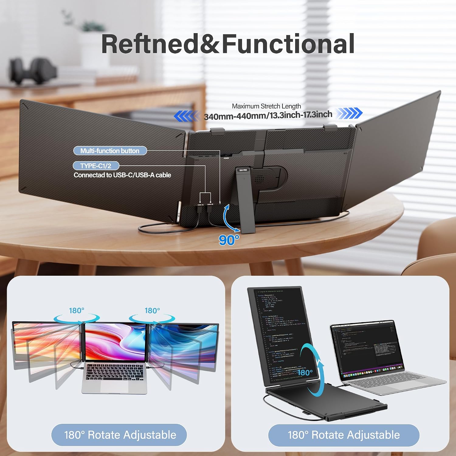 Laptop Screen Extender Monitor Portable,14.1' Ultra Thin 1080P FHD Lightweight Triple Screen,Portable Monitor for Laptops,Fit for 13-17' Laptop,Plug & Play Compatiable with Win/Mac/Chrome/Android