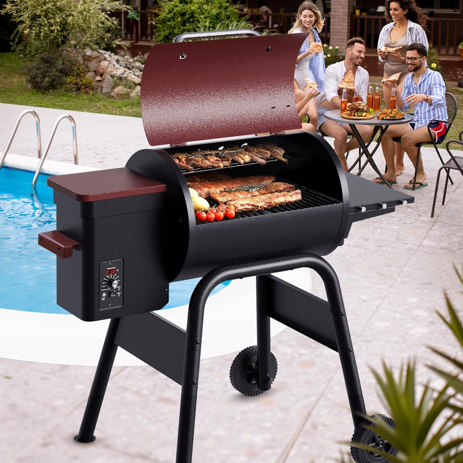 Jocoevol Pellet Smoker Grill Wood Pellet grill Electric Bbq Grills for Outdoor with Auto Feed & Pid Temperature Control 180-425°F, 456 Sq.In Cook Area, 6-In-1 Bbq Grill & Rain Cover For Backyard