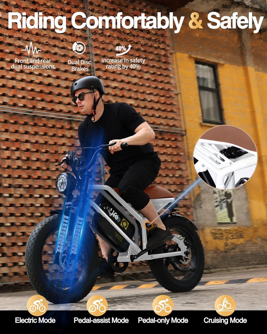Qlife Electric Bike for Adults/Teens Spark-1500W Peak Motor 20' Fat Tires 28MPH(Unlock to 35MPH) Dirt Bike, 624-1248Wh Removable Battery Ebike, Dual Suspension & Brakes Motorcycle, 21-Speed Bicycle