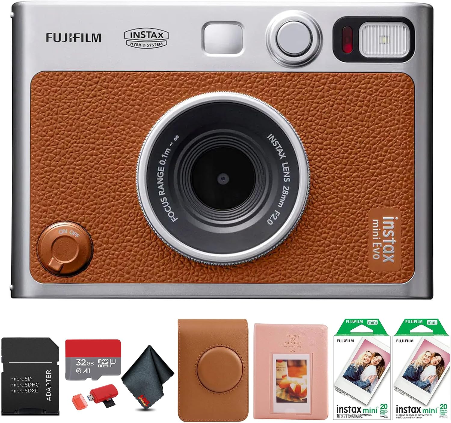 FUJIFILM INSTAX MINI EVO Hybrid Instant Camera (Brown) Bundle with 40 Instant Film Sheets + 32GB Memory Card + Carrying Case + Photo Album 64 Pockets + Microfiber Cleaning Cloth