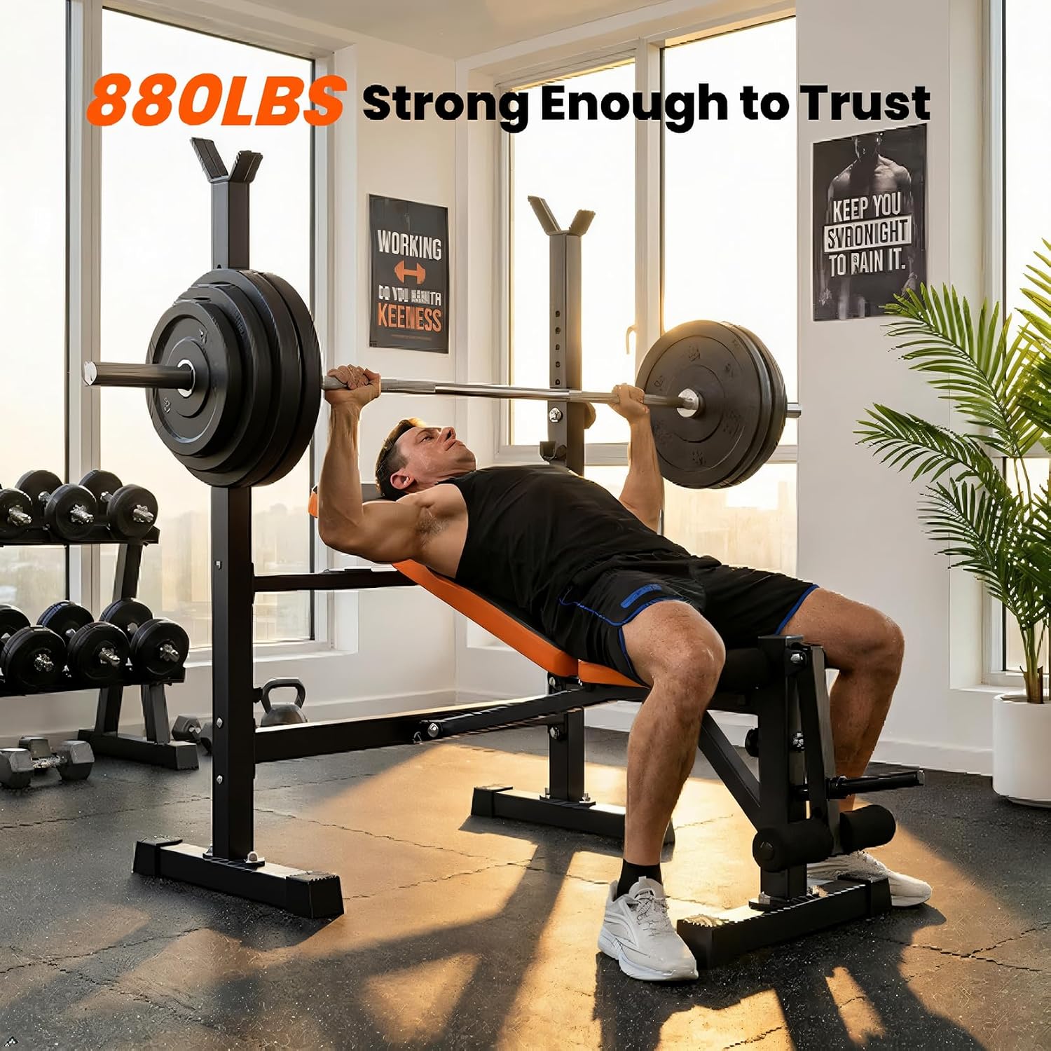 Yoleo Weight Bench with Rack - Bench Press Set, Leg Extension, Preacher Curl & Flat/Incline/Decline Full Body Workout Bench, Adjustable Olympic Weight Benches for Home Gym(47.44IN WIDE GRIP)
