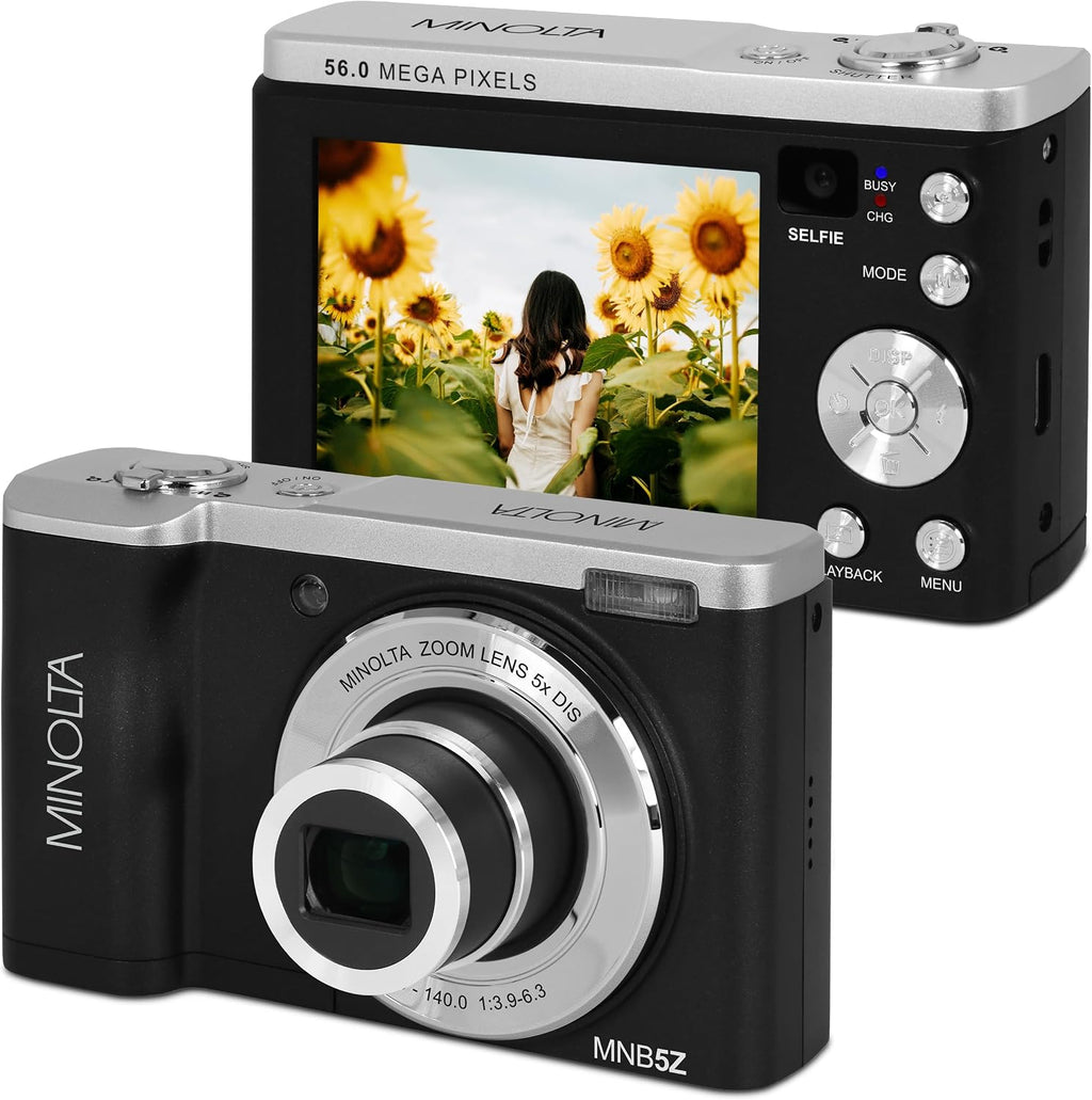 Minolta 56MP Dual Lens Digital Camera – 5X Optical Zoom, 5K Ultra HD Video, CMOS Sensor, 2.8-inch LCD Screen, Stabilization, Selfie Lens, 32GB Card, Rechargeable Battery (Black)