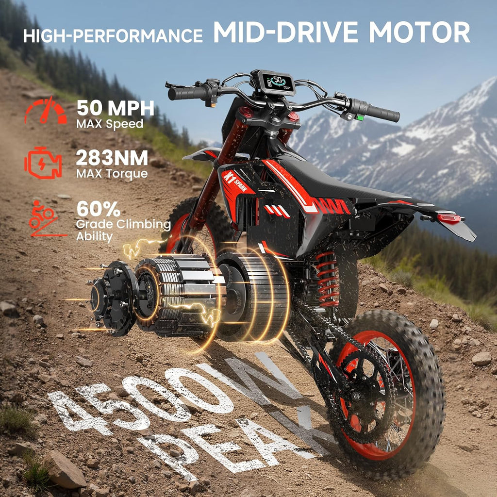 QRONGE X1 Spark Electric Dirt Bike, 4500W Peak&Up to 60 Miles, 50MPH, 60V 28.8Ah Battery E-Bike, 14'/12' Fat Tire Electric Motorcycle for Mountain Off-Road Teens Adults (M)