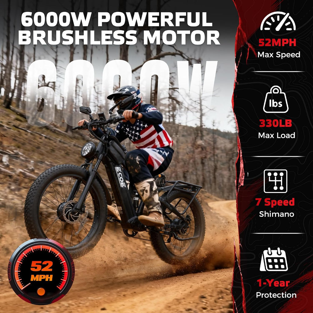 EcoE 7000/9000W Dual Motor Electric Bike for Adults 52MPH Charge Voltage 63 V32A, 26x4 Fat Tire All Terrain Ebikes, Full Suspension E Bike, SHM 7-Speed Gear Electric Bicycle