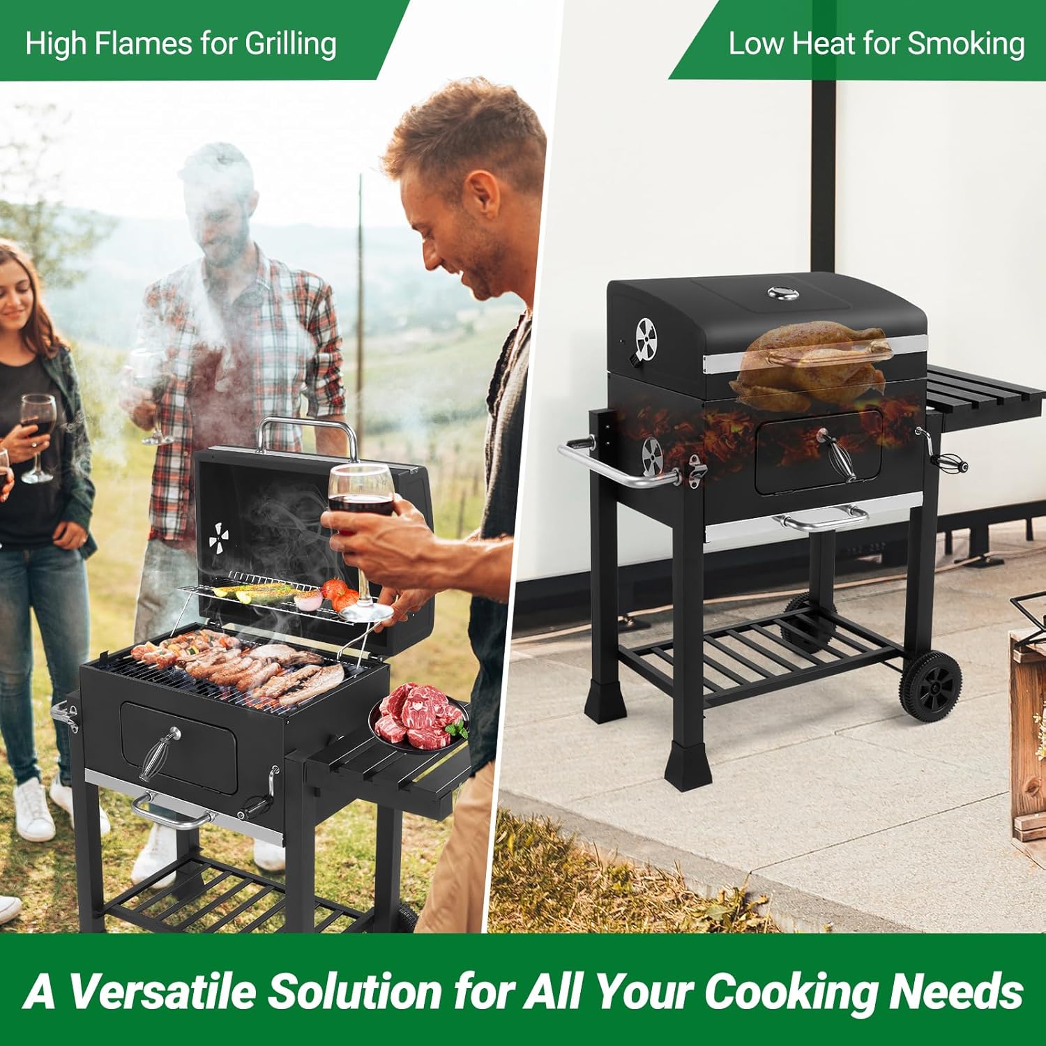45.6' Portable Charcoal Grill,Metal Outdoor Barbecue Smoker,Heavy Duty Outdoor BBQ Grill,Vertical Camping Barbecue Grill,with Foldable Side Table & Wheels,for Garden Patio Beach Backyard (Black)