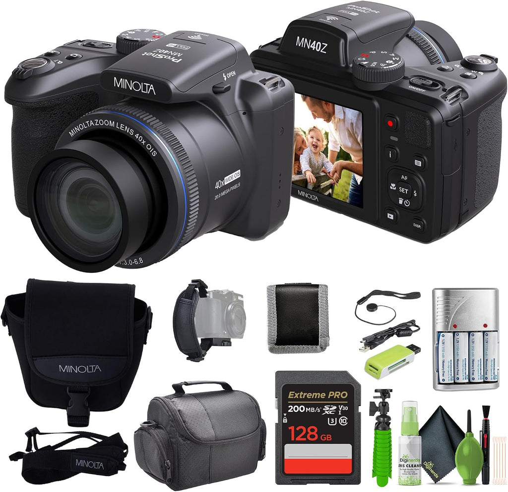 MINOLTA MN40Z 20 Mega Pixels 40x Optical Zoom Digital Camera with 1080p FHD Video, Black, Bundle with 64GB Memory Card + Vlog Tripod + 4xAA Battery with Charger + Accessories