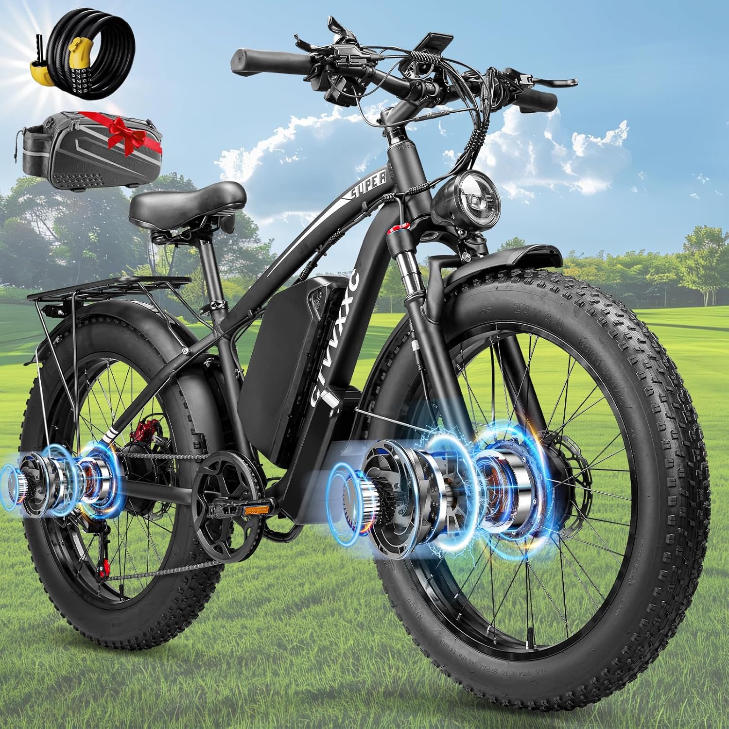 9000W Dual Motor Ebike for Adults Men 45MPH - Fast Electric Bike with 52V 34Ah Battery Up to 100 Miles,Lockable Suspension 24' Fat Tire Electric Bicycle for Off-Road Mountain Snow Commuter