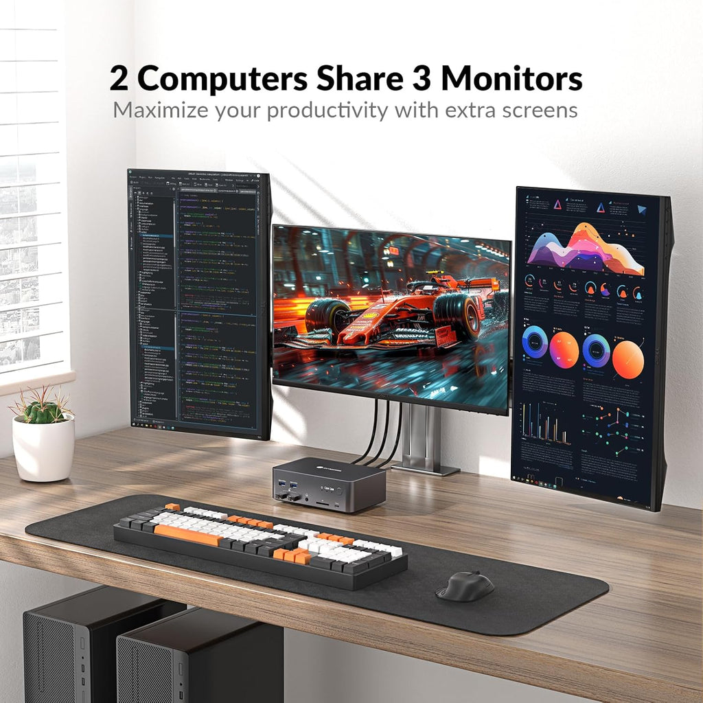 AV Access 8K DisplayPort KVM Docking Station 3 Monitors 2 PCs, with 6 DP Cables, 3xUSB 3.0 Hub, GbE, 8K@60Hz 4K@165Hz KVM Switch Triple Monitors 2 Desktops, SD, Audio, All-Aluminum, for HP, Dell