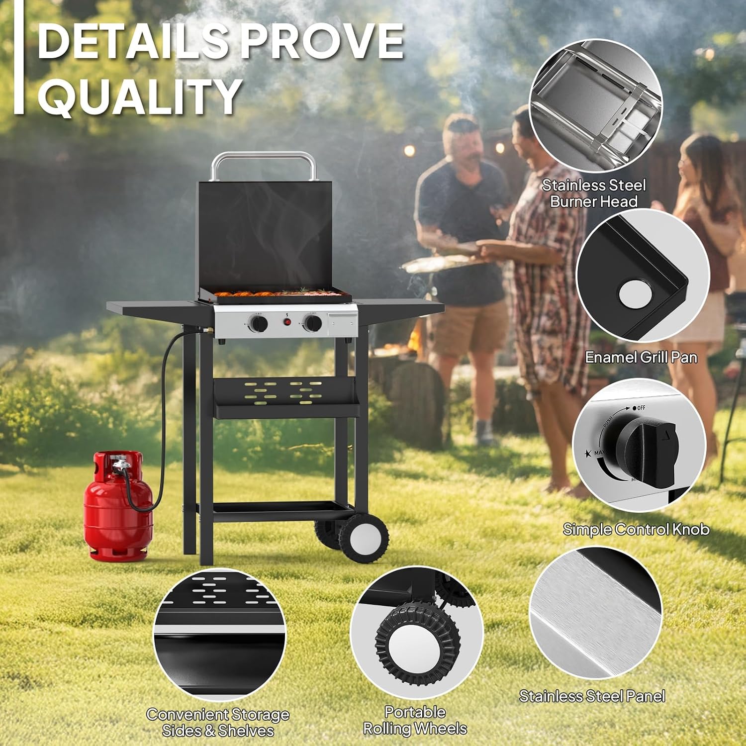 Bonnlo 20000BTU Propane Griddle with Lid and Ignition, Standing Flat Top Gas Grill with Portable Rolling Wheels and Storage Shelf, 2 Burner Camping Cooker for Patio Backyard Outdoor Cooking BBQ
