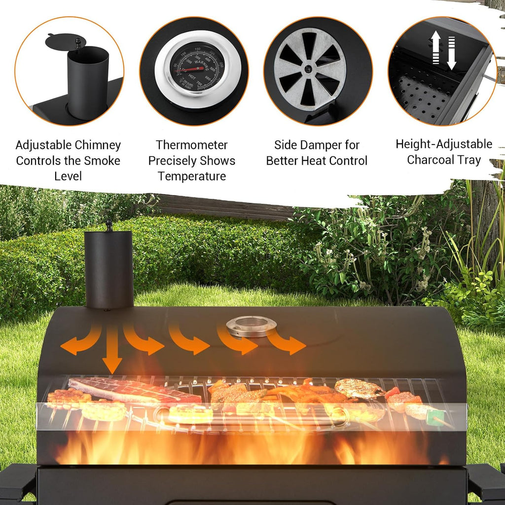 HAPPYGRILL Charcoal Grill, Heavy Duty Cooking Grill with 2 Foldable Side Tables, 8 Hooks, Storage Shelf, 2 Wheels, Flame Control, Outdoor BBQ Grill for Picnic Party Camping Backyard Patio