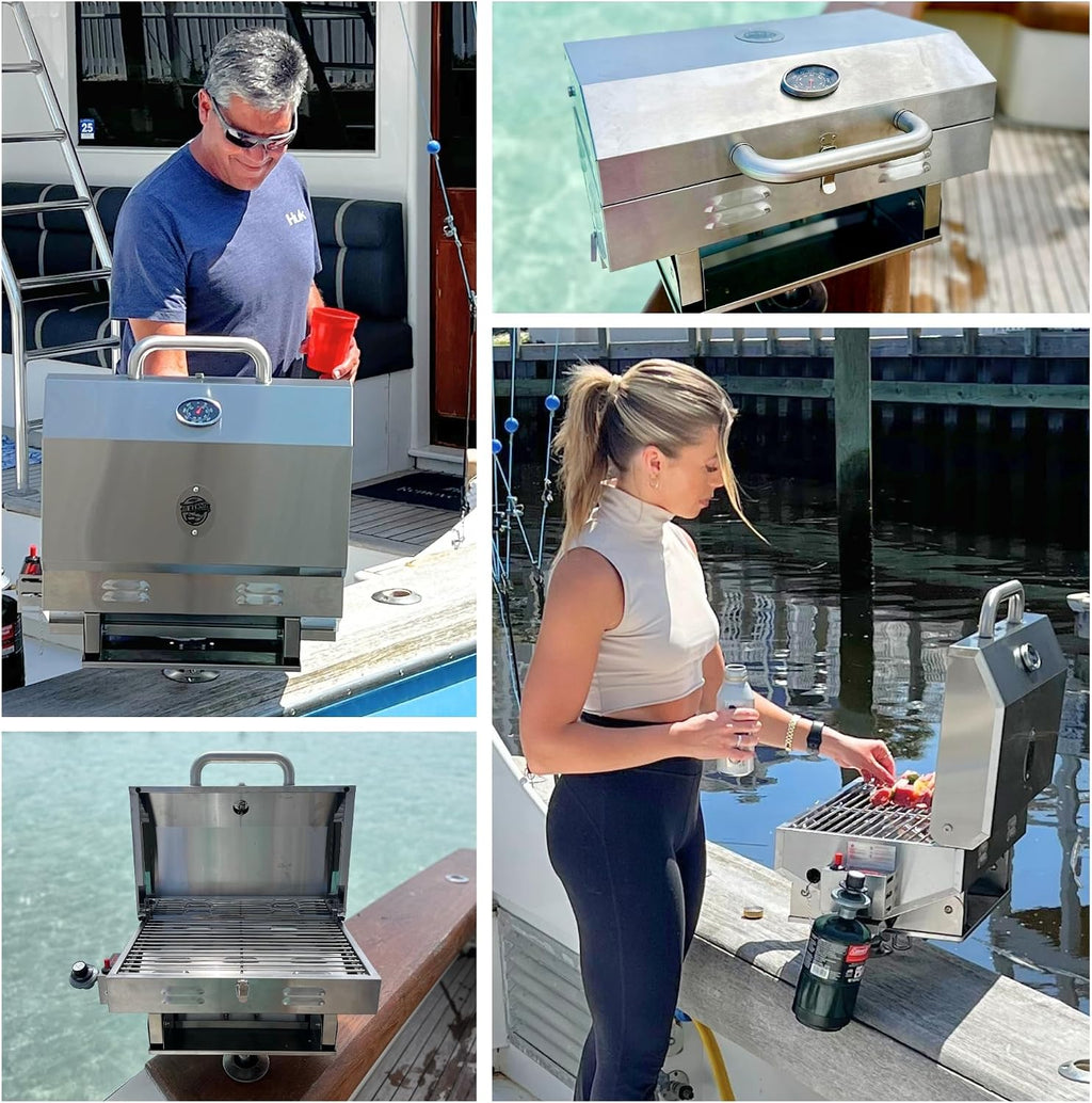 Bunker Up Fishin Stainless Steel Boat Grill with Rod Holder Mount - Great for Boating Marine and Camping - Portable BBQ Grill | Tabletop Grill, 12000 BTU Burner, 246 sq.in Grilling Space