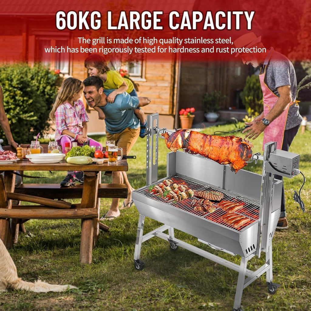Rotisserie Grill With Wind Screen, Stainless Steel Charcoal Spit, Electric Pig Rotisserie Machine, 132LBS/60KG BBQ Grill for Pig Roasting, Camping & Backyard Use