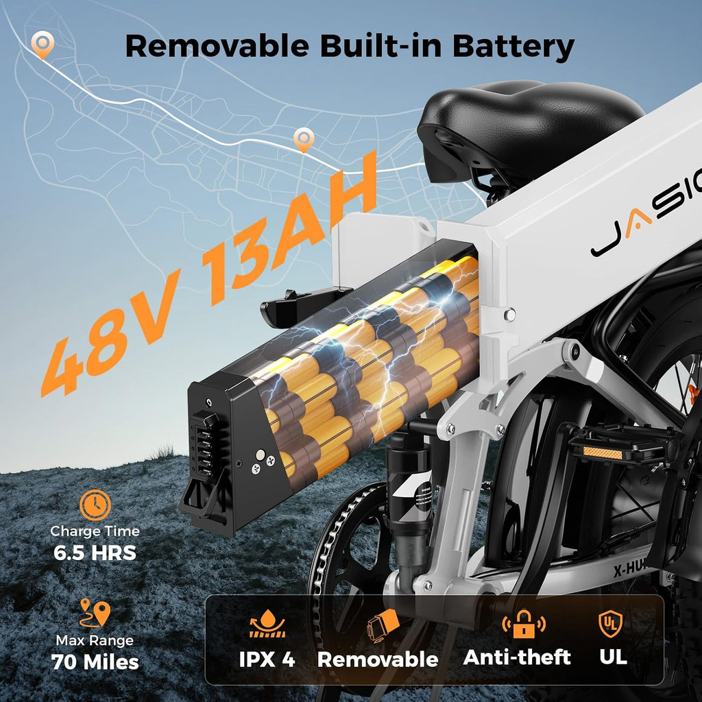 Jasion X Hunter/PRO Electric Bike for Adults,1800W/1400W Peak 20''Fat Tire Foldable Ebike,Folding E Bike Up to 80/70 Miles Range,720/624WH Removable Battery,30 MPH E Bike,Certified by UL2849