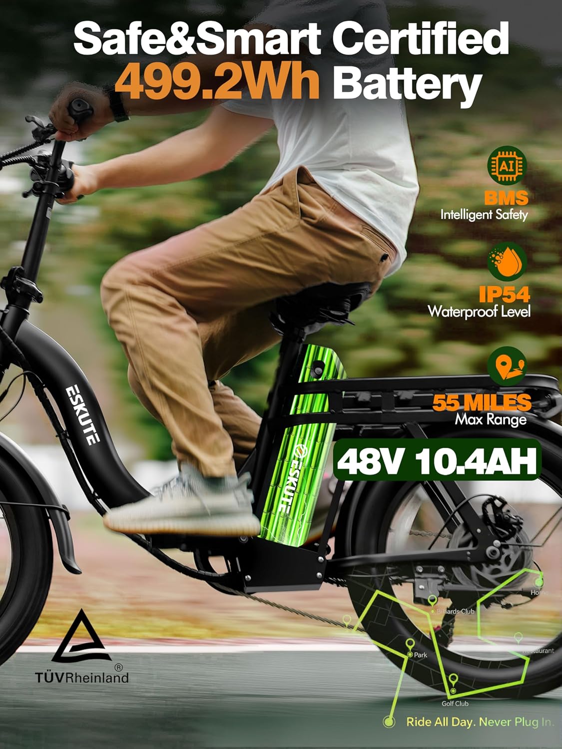 1200W Peak Folding Electric Bike for Adults, 28MPH 48V 10.4Ah Removable Battery, 55-Mile Range, 20'x3' Fat Tire, Step-Thru Ebike with Basket 7-Speed – Commuter E-Bike