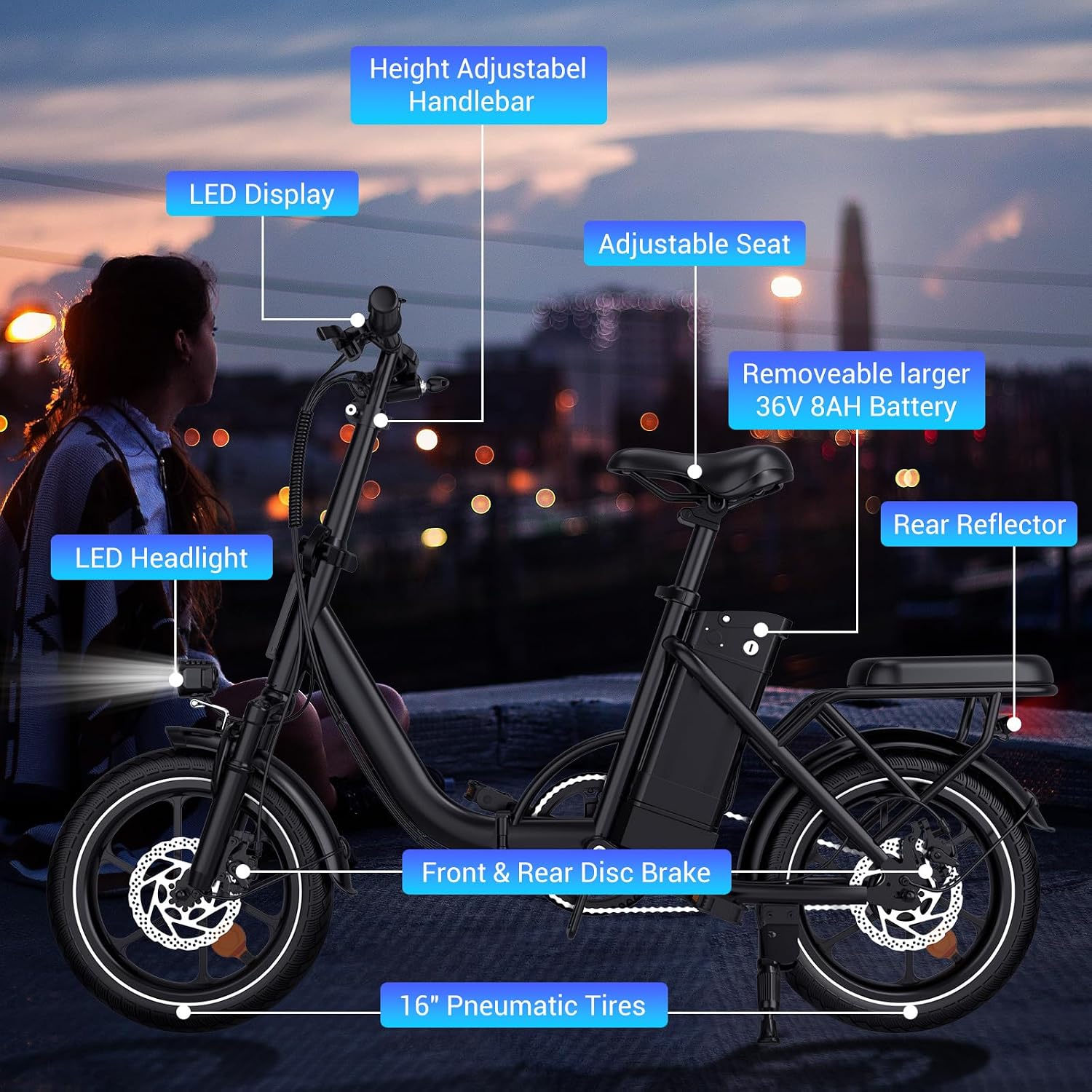 SEHOMY 2-Seat Electric Bike for Adults 630W Peak Motor, 25MPH Folding Ebike, 16' Adults Electric Bicycles with 30° Uphill, 288WH Removable Battery, 35 Miles Long Range, Commuter E Bikes Teens 14+