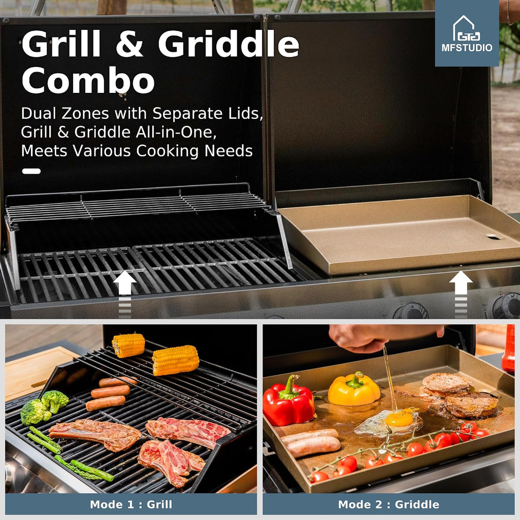 MFSTUDIO 5 Burner Gas Grill Griddle Combo with Porcelain-Enameled Cast Iron Grates,Cutting Board and Double Lids, Duel-Function Propane BBQ Grills with Flat Top Grddle for Outdoor Barbecue Cooking