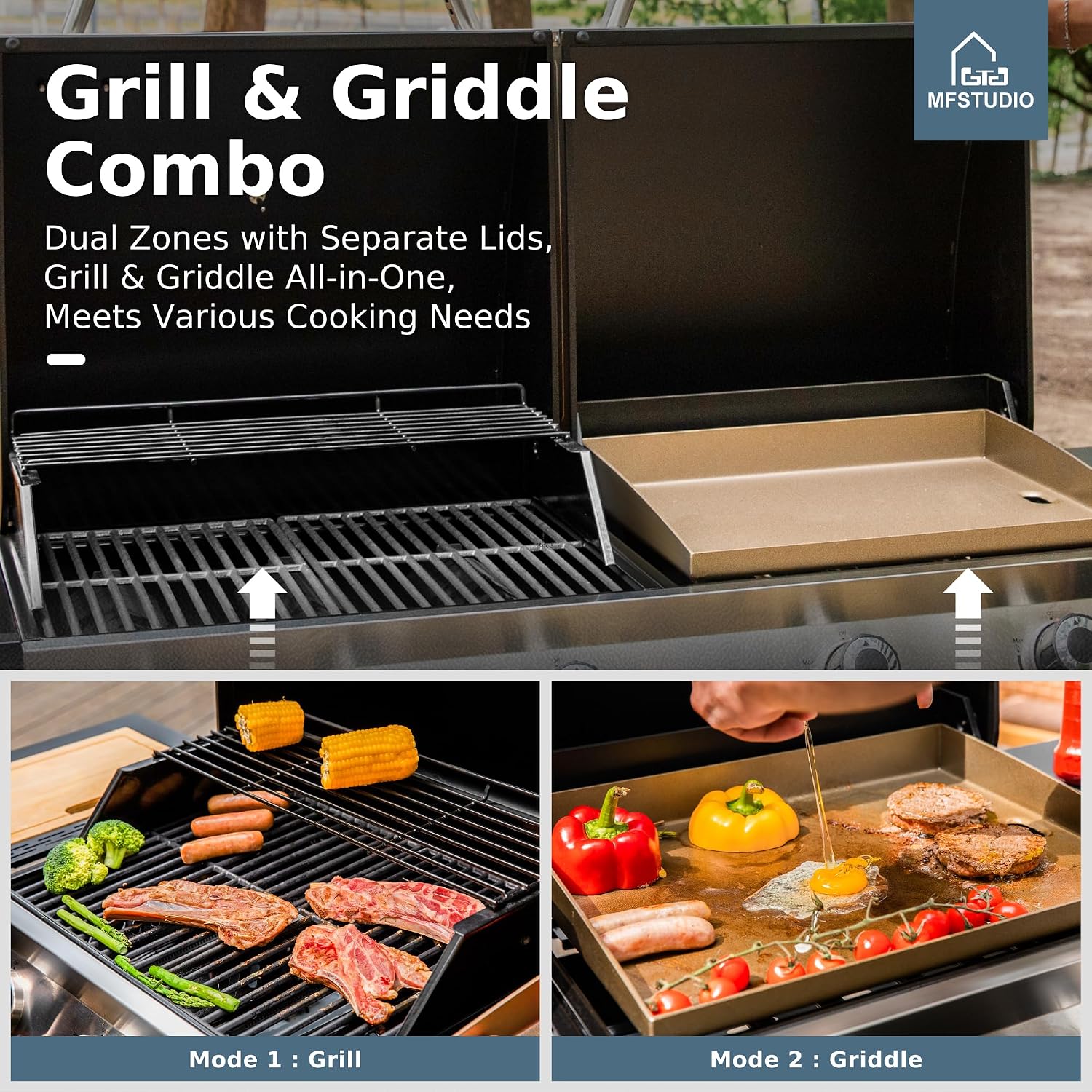 MFSTUDIO 5 Burner Gas Grill Griddle Combo with Porcelain-Enameled Cast Iron Grates,Cutting Board and Double Lids, Duel-Function Propane BBQ Grills with Flat Top Grddle for Outdoor Barbecue Cooking
