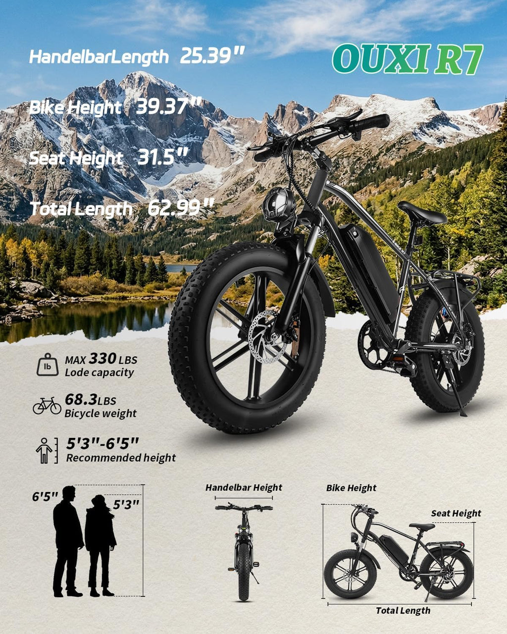 OUXI Electric Bike for Adults, 1000W Peak Electric Mountain Bicycle 48V13Ah Removable Battery, 20″ Fat Tire Ebike with Adjustable Seat, Rear Rack, UL 2849 Certified