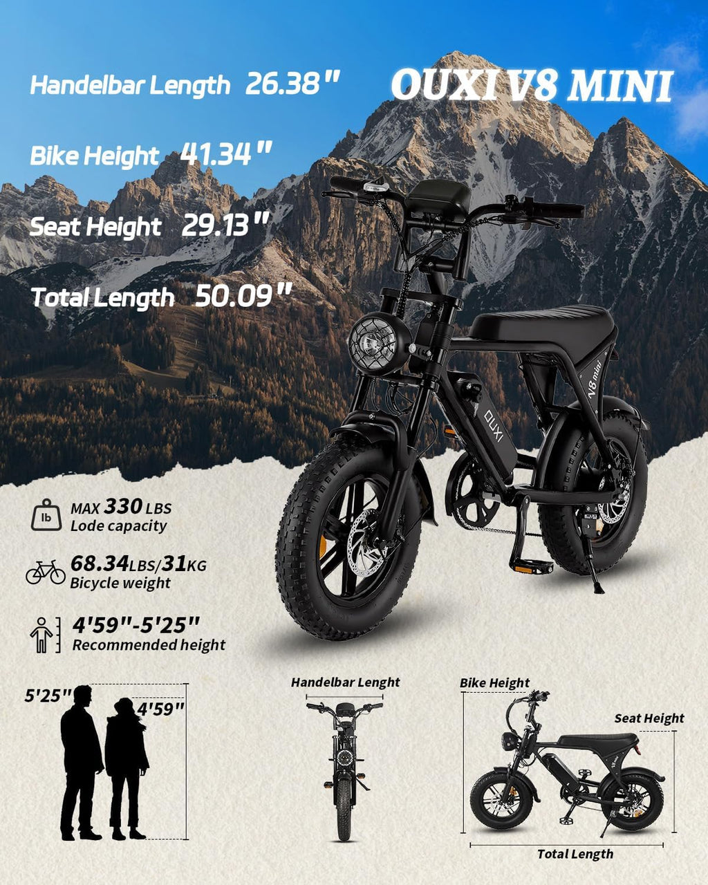 OUXI V8 Series Electric Bike for Adults, Peak 500W/1000W,20/31 MPH, 10.4/15/30 AH Removable Battery, 16''/20' Fat Tire Electric Bike,7-Speed Gear Electric Bicycles,Ebike Moped for Commuting & Off-Road