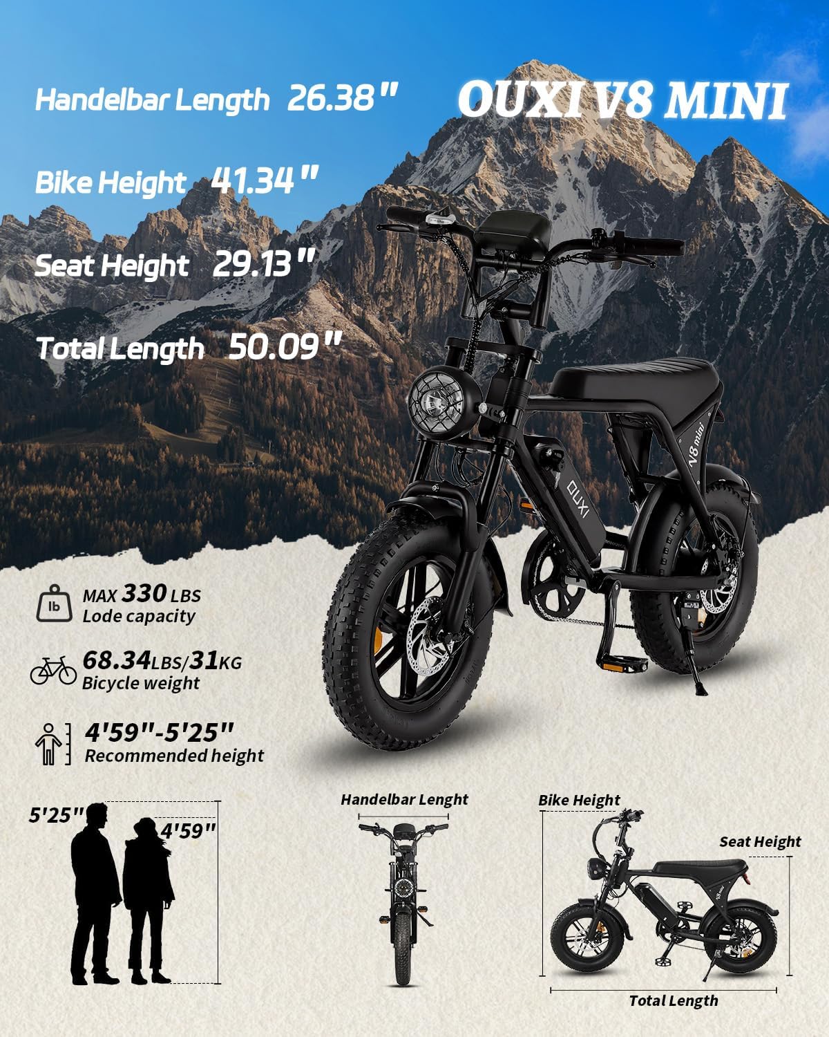 OUXI V8 Series Electric Bike for Adults, Peak 500W/1000W,20/31 MPH, 10.4/15/30 AH Removable Battery, 16''/20' Fat Tire Electric Bike,7-Speed Gear Electric Bicycles,Ebike Moped for Commuting & Off-Road