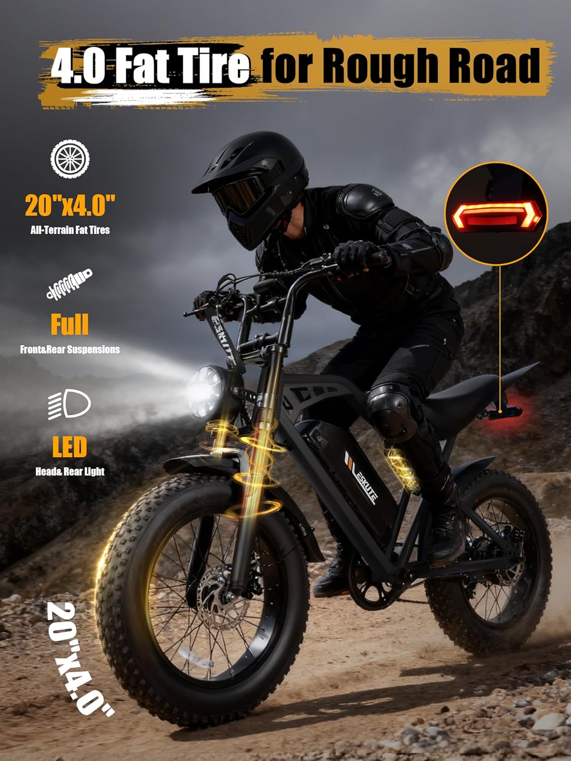 ESKUTE V200 Electric Dirt Bike for Adults,52V20.8Ah Battery,20' x4.0 Fat Tire,32MPH,NFC Unlock Color Display,7-Speed Dual Suspension,Dirt E-Bike,80 Miles, Streamlined Frame, E-Bike for Youth & Adults