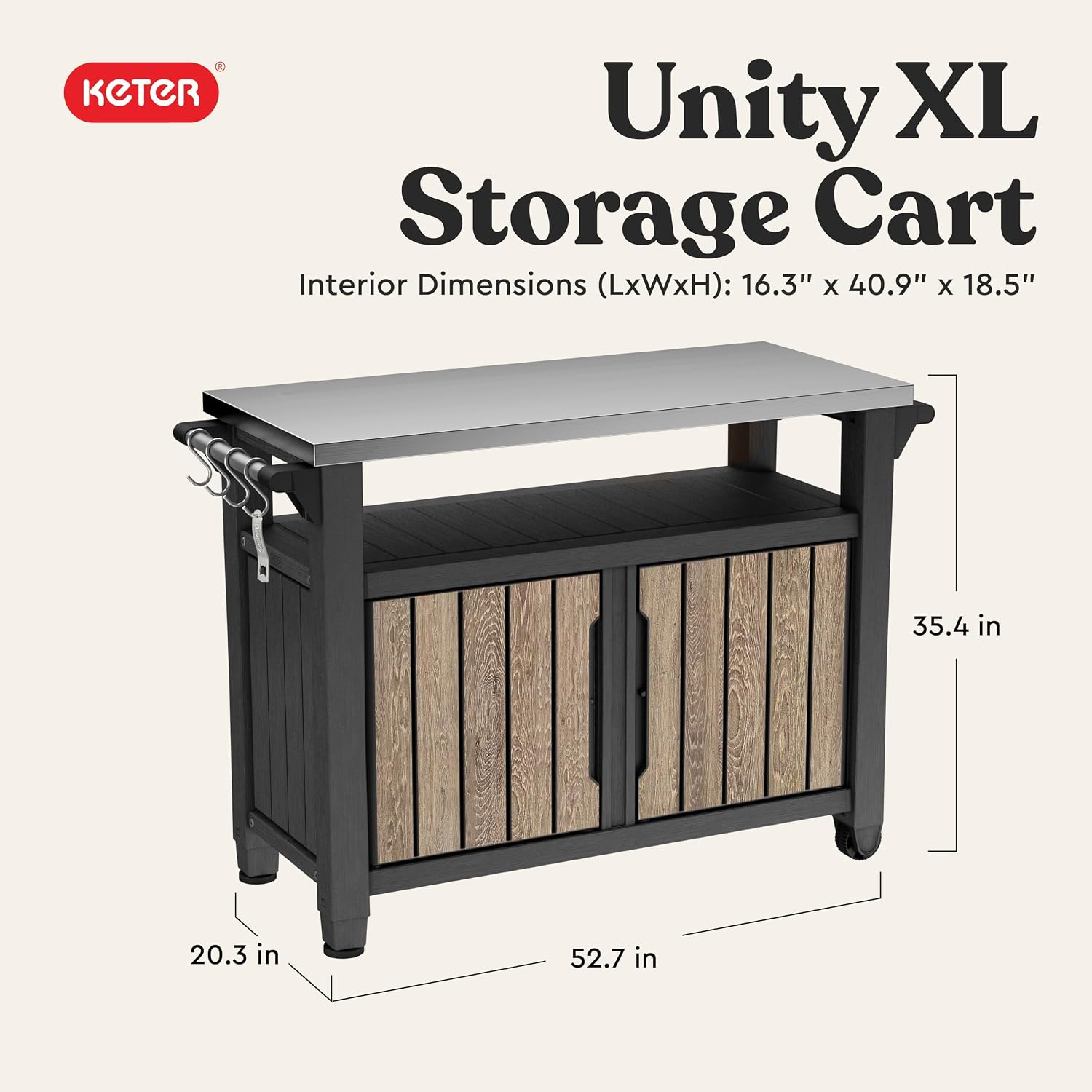 Keter Unity XL Outdoor Entertainment Cart with Wood‑Look Finish, 78‑Gallon Patio Storage Cabinet, Food Prep Station, Stainless‑Steel Top for BBQ, Grill, Patio, Deck & Backyard, Ashwood