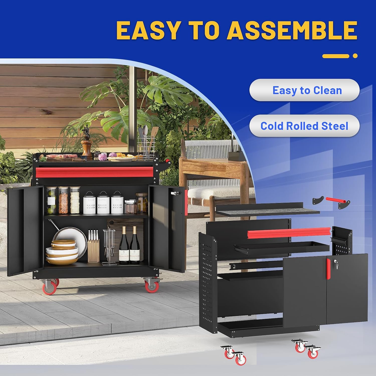 Eltean Metal Grill Cart - Outdoor Grill Cart with Storage,Grill Table with Wheels,Outdoor Bar Cart with Adjustable Shelf for Kitchen Prep and Patio BBQ