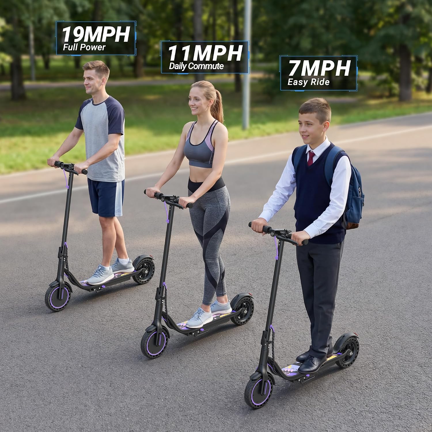 Electric Scooter, 350W-500W Motor, 19 MPH to 22MPH, 15-41 Miles Range, Dual Suspension, Dual Braking, App Control, Foldable Commuter E Scooter for Adults and Teens