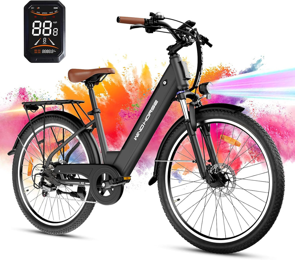 WINDHORSE 26' Electric Bike for Adults 20MPH & 30-50 Miles Range, Shimano 7-Speed, 468WH Removable Battery Commuter Ebike with 750W Peak Motor, Front Suspension, Rear Rack, Fenders, UL2849 Certified
