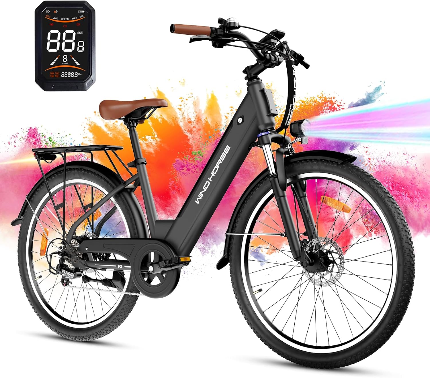 WINDHORSE 26' Electric Bike for Adults 20MPH & 30-50 Miles Range, Shimano 7-Speed, 468WH Removable Battery Commuter Ebike with 750W Peak Motor, Front Suspension, Rear Rack, Fenders, UL2849 Certified